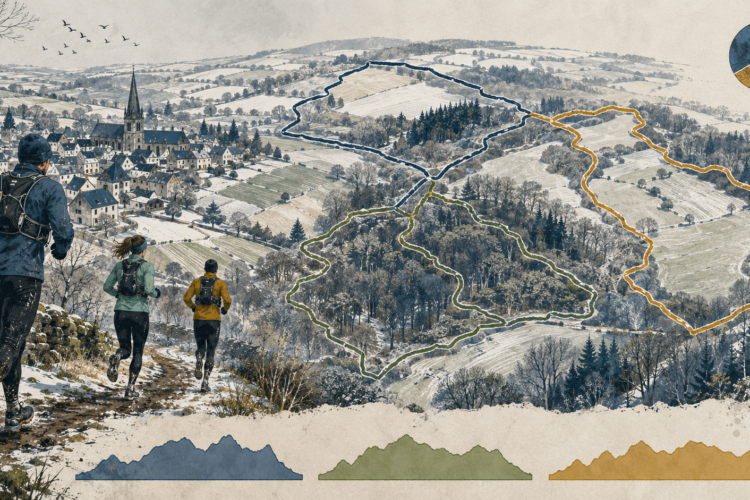 Trois boucles de trail hivernal autour de Sebourg avec coureurs et profils de relief.